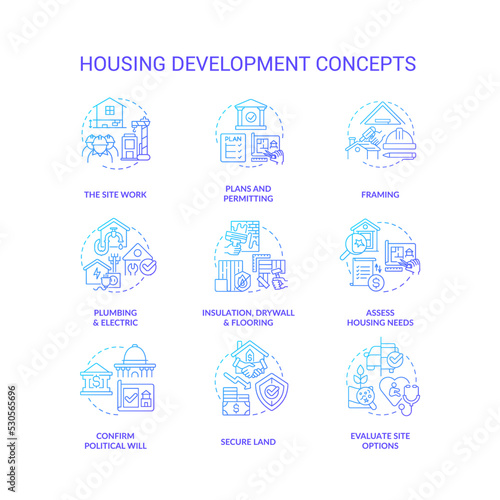 Housing development blue gradient concept icons set. Building construction processes idea thin line color illustrations. Isolated symbols. Roboto-Medium, Myriad Pro-Bold fonts used