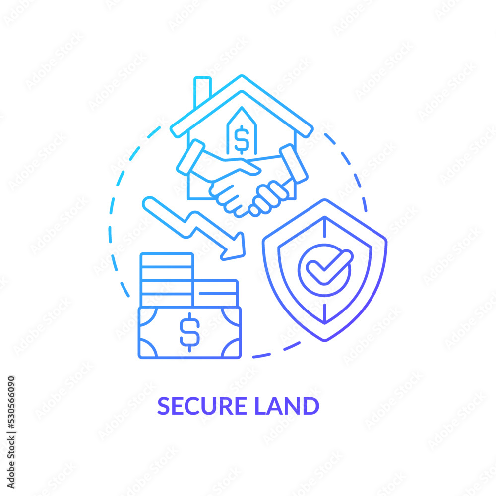 Secure land blue gradient concept icon. Real estate buying safety. Housing development tip abstract idea thin line illustration. Isolated outline drawing. Myriad Pro-Bold font used Secure land blue gradient concept icon. Real estate buying safety. Housing development tip abstract idea thin line illustration. Isolated outline drawing. Myriad Pro-Bold font used
