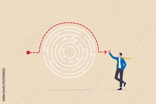 Workaround or solution to bypass problem or difficulty, creativity to overcome obstacle or solving business problem, avoiding path concept, businessman genius draw workaround line to solve labyrinth.