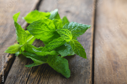 Fresh mint on a wooden table