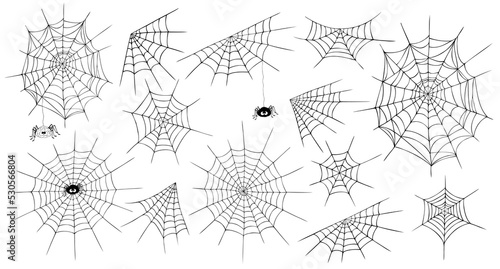 Halloween spiderweb set, cute spider.  Cobweb collection, isolated on white background. Hand drawn cobweb icons for Halloween decoration. Line art, sketch style spider web elements,spooky, scary image