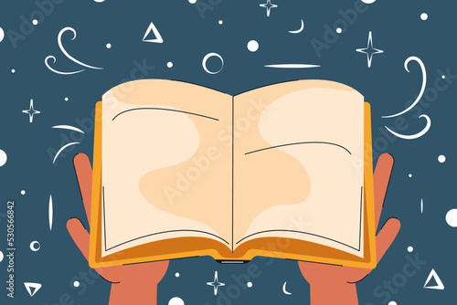 Book in hand. Concept of books, bookcrossing, education, reading, development, donation. Isolated vector illustration.