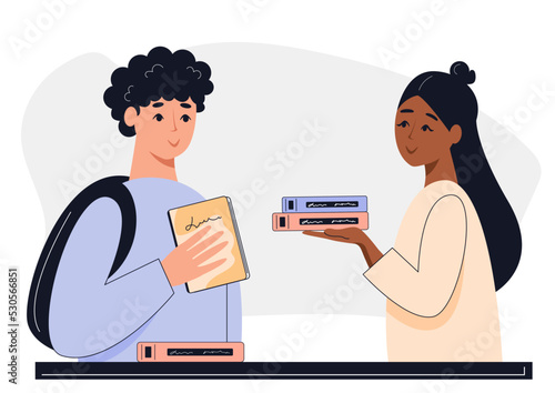 Happy smiling People exchange books. Concept of books, education, reading, development. Isolated vector illustration.