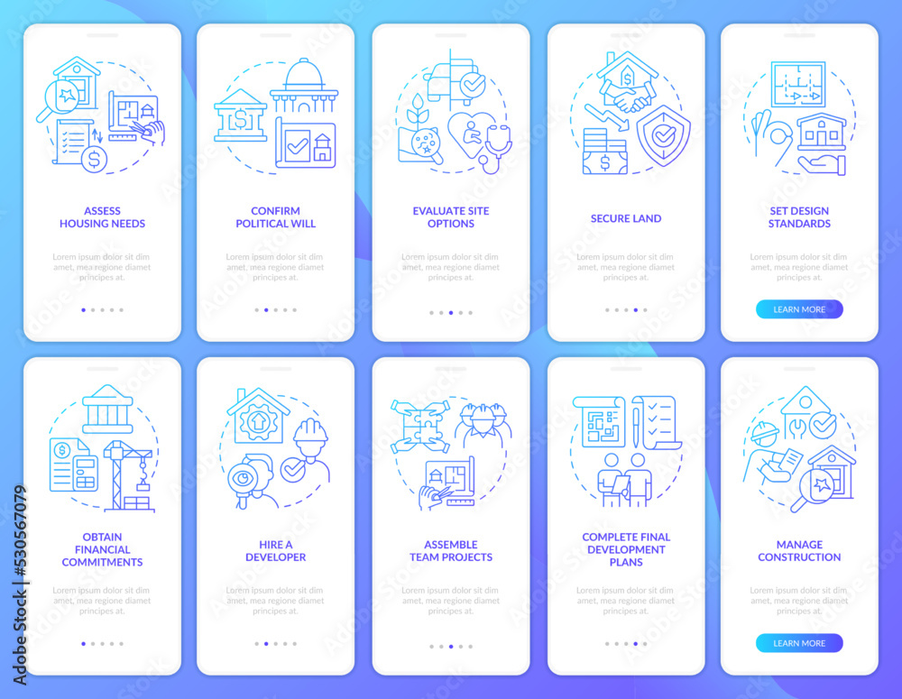Tips for housing development blue gradient onboarding mobile app screen set. Walkthrough 5 steps graphic instructions with linear concepts. UI, UX, GUI template. Myriad Pro-Bold, Regular fonts used