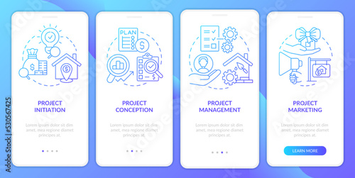 Developing real estate projects blue gradient onboarding mobile app screen. Walkthrough 4 steps graphic instructions with linear concepts. UI, UX, GUI template. Myriad Pro-Bold, Regular fonts used