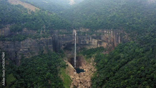 Tallest Plunge Waterfall In Sheer Mountains - NohKaLikai Falls In Meghalaya, Near Cherrapunji, India. Aerial Drone Shot photo