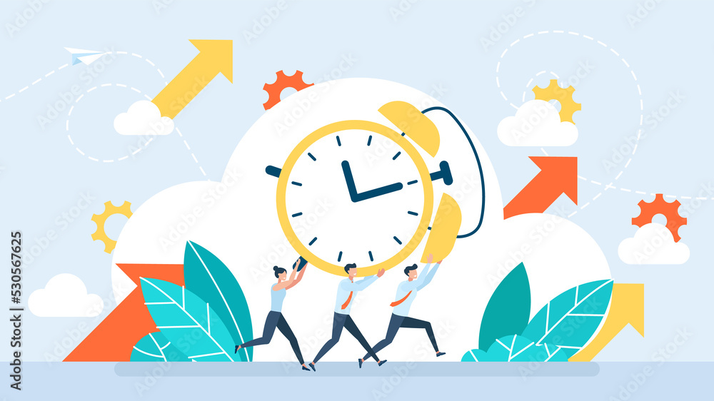 Work time management concept. A team of businessmen is running and ...