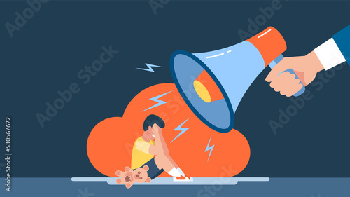 Child abuse. Dad shouts in loudspeaker. Man scolds unhappy boy sitting in corner of room. Family problems concept. Unhappy son. Parent abusing kid. Home conflict. Flat style. Illustration