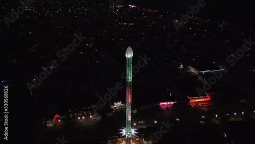 Aerial footage of Fantasy Island amusement park at night in the seaside town of Ingoldmells near Skegness. photo