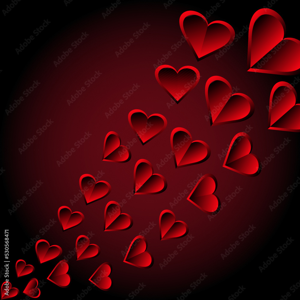 Valentine hearts 3d background. Beautiful greeting card for valentines day. Valentine day concept. Style celebration backdrop with red hearts on gradient background.