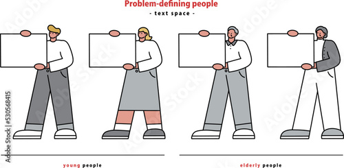 資料を持ち発表する人々のシンプルな線画イラスト　コピースペース