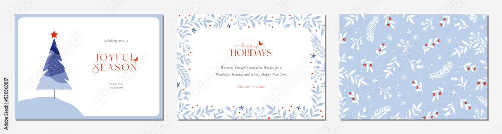 Winter Holiday cards. Universal Christmas templates with decorative Christmas Tree, floral background and frame with copy space, birds and greetings.