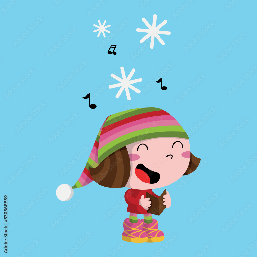 Funny singer girl under the snow, winter illustration