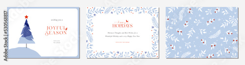 Winter Holiday cards. Universal Christmas templates with decorative Christmas Tree, floral background and frame with copy space, birds and greetings.