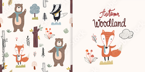 Autumn woodland set with seamless pattern and greeting card, forest cute animals, childish background design 