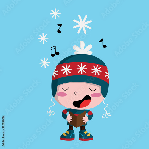 Funny singer boy under the snow, winter cillustration