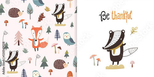 Autumn woodland set with seamless pattern and greeting card, forest cute animals, childish background design 