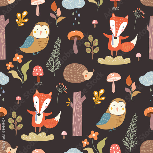 Autumn seamless pattern, wallpaper, cute childish background design with woodland animals ,fox, owl, hedgehog and seasonal vegetation