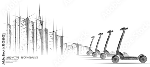 Electric scooter low poly design. Eco micromobility transport last-mile problem solution. Pick up scooter-sharing rental system. E-scooter urban mobility vector illustration