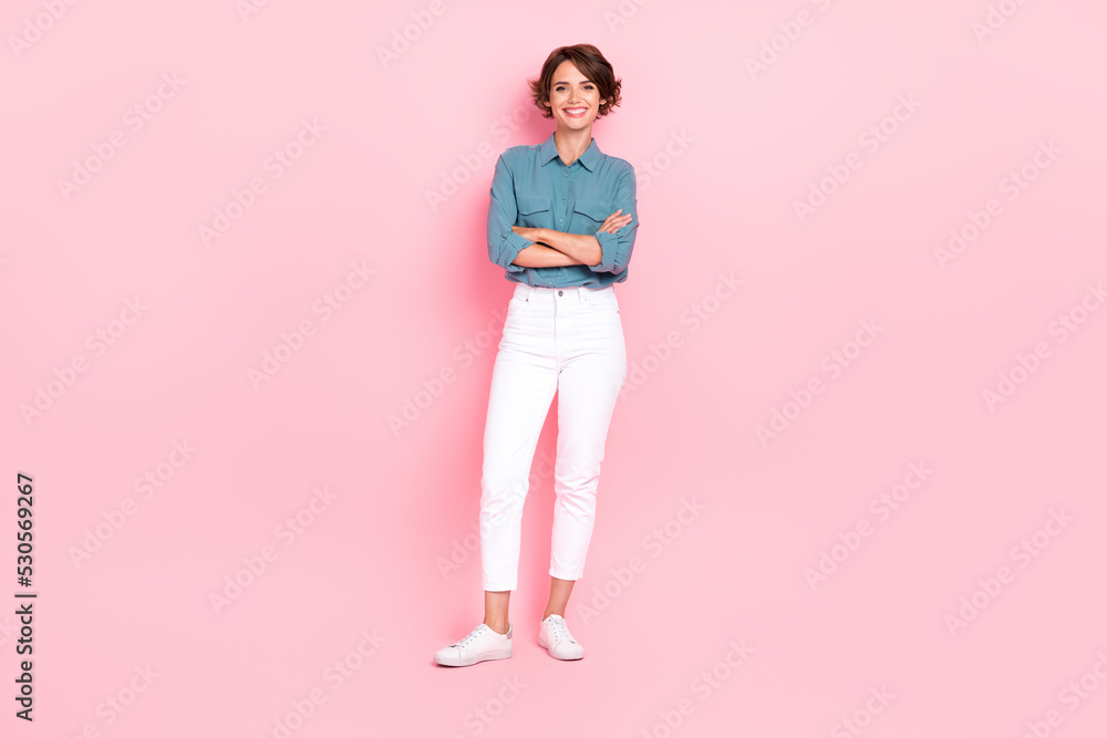 Full size photo of young positive smiling cute pretty attractive woman folded hands wear office clothes beaming successful isolated on pink color background Full size photo of young positive smiling cute pretty attractive woman folded hands wear office clothes beaming successful isolated on pink color background