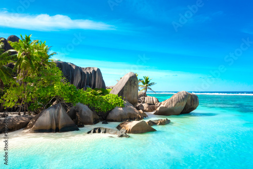 Fotografie, Obraz Paradise beach on the island of La Digue in the Seychelles