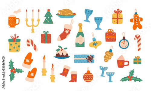 Cute retro Christmas clipart set with holiday dinner attributes, Christmas tree baubles, gift boxes. Vector collection.