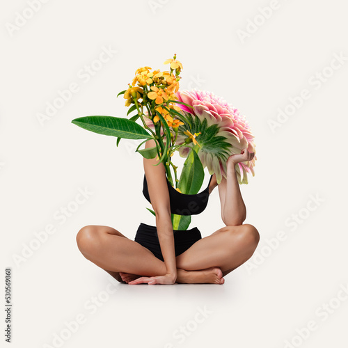 Contemporary art collage. Creative artwork with beautiful slim woman's body with blossom flowers instead head. Surrealism photo