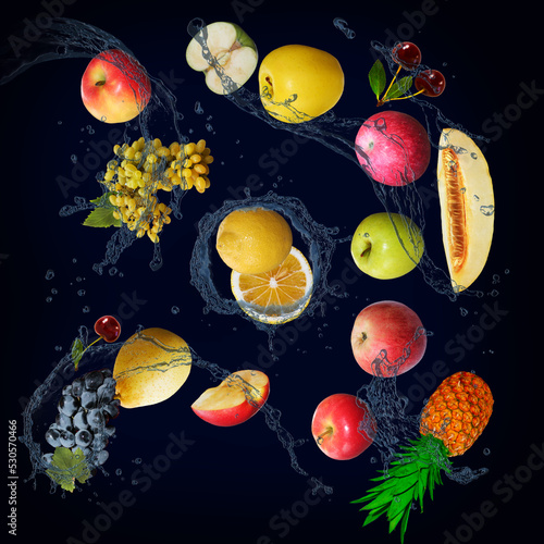 Fototapeta Naklejka Na Ścianę i Meble -  Panorama with fruits in splashes of water - juicy apples, melon, lemon, grapes, pineapple, a delicious dessert for the festive table