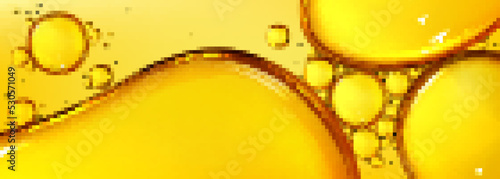Oil drops texture, omega bubbles, gold liquid skincare, essential droplets. Background with transparent yellow dribs of different shapes. Realistic 3d vector honey, syrup or juice blobs close up view