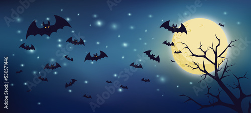Halloween Night - Spooky Moon in a starry sky with bats and full moon. Vector illustration.