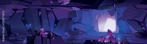 Amethyst mine tunnel inside view. Glowing mysterious cave, mining quarry landscape with purple shiny crystal in rocks and stone shaft walls. Cartoon game parallax background, 2d Vector illustration