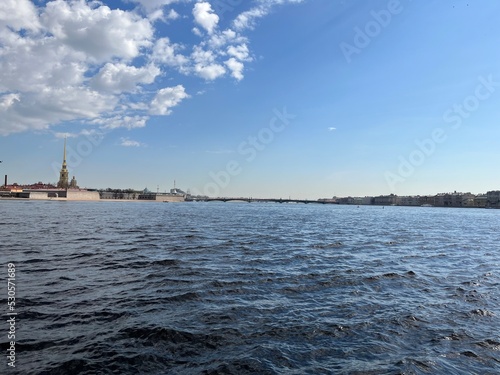 Bolshaya Neva River St. Petersburg sunny day 2022 panorama