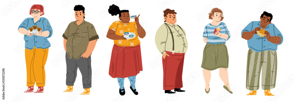 Set of fat people eating fast food isolated on white. Obese male, female characters consuming sweet, junk snacks. Unhealthy diet and overweight problem. Body positivity. Flat vector illustration Set of fat people eating fast food isolated on white. Obese male, female characters consuming sweet, junk snacks. Unhealthy diet and overweight problem. Body positivity. Flat vector illustration