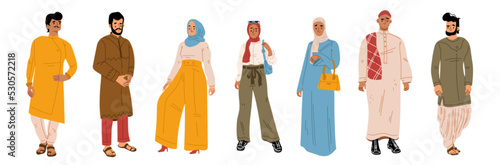 Young Arab people vector illustration set. Collection of flat male and female characters wearing traditional muslim clothes standing isolated on white background. Modern fislamic ethnic fashion