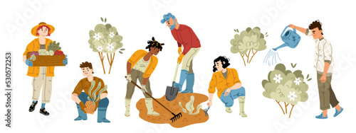 Set of people gardening, flat characters isolated on white background. Happy male and female farmers harvesting organic vegetables, watering flowers, growing plants, digging and cultivating land