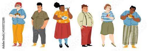 Set of fat people eating fast food isolated on white. Obese male, female characters consuming sweet, junk snacks. Unhealthy diet and overweight problem. Body positivity. Flat vector illustration