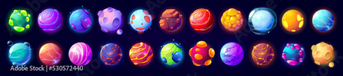 Alien space planets, cartoon fantastic comets, asteroids, galaxy ui game cosmic world objects, design elements. Moon with craters, glow plasma and lava, pimpled spheres, Vector illustration, icons set
