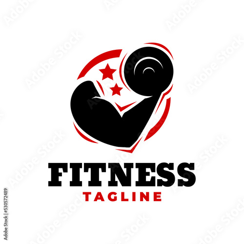 hand holding barbel for gym studio logo. fitness logo vector template.