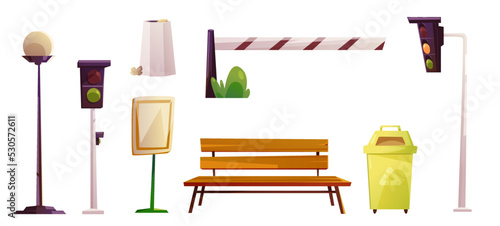 City street elements, road traffic light, wooden bench, trash can, automatic car barrier and lamp isolated on white background. Vector cartoon set of urban landscape, bus stop, crosswalk