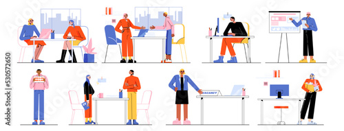 Job vacancy and recruitment concept with people candidates and hr managers in office. Business employment, human resources. Vector flat illustration of company workers hiring staff © klyaksun