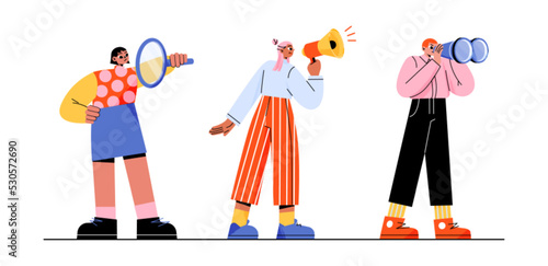 HR managers searching for job candidate. Flat characters looking for employee, using magnifying glass, binoculars and loudspeaker to announce open vacancy. Career opportunity. Vector illustration