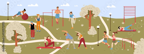 People do exercise, fitness, jogging in summer park. Outdoor sport activities, stretching, workout. Park landscape with diverse active characters training, vector cartoon illustration