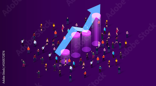 Large group of people standing around growing chart. People crowd. Statistic concept.
