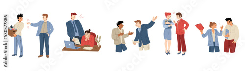 Angry boss scold workers in office. Concept of bad communication on workplace, conflict with leader. Managers shouting at employees and fired staff, vector flat illustration