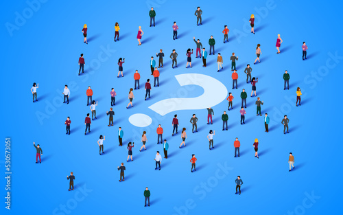 Large group of people standing around question mark sign. People crowd.