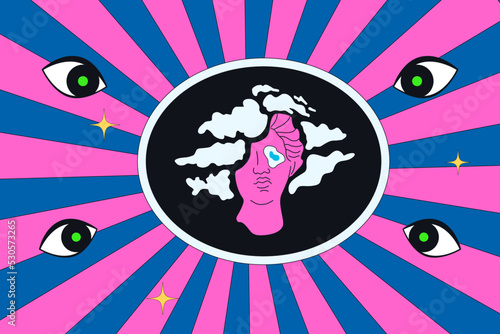 Groovy psychedelic illustration with weird Greek statue, eyes and stars. Acid trippy illustration.