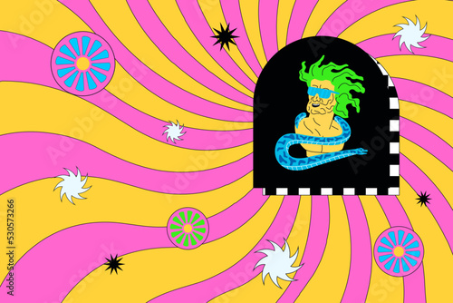 Groovy psychedelic illustration with weird person, eyes, stars. Acid hippie trippy print.