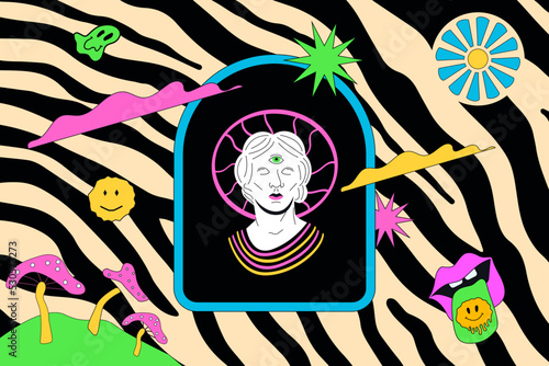 Groovy psychedelic illustration with trippy person, mushrooms, emojis. Acid hippie artwork.