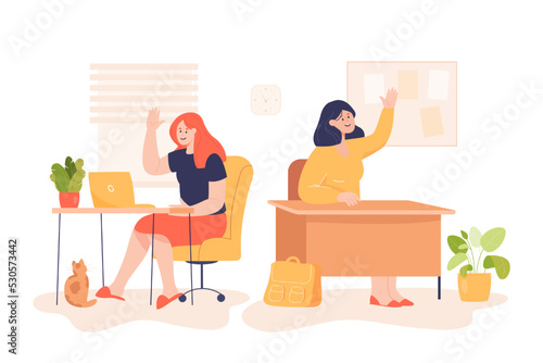 Young cartoon adults studying from home and class. Remote and in-person course for students flat vector illustration. Hybrid learning, education concept for banner, website design or landing web page