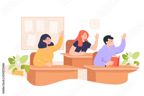 Students sitting at desks and raising hands in class. Boy and girls answering questions of teacher flat vector illustration. Education, knowledge concept for banner, website design or landing page